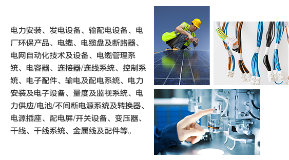 電(diàn)力安裝、發電(diàn)設備、輸配電(diàn)設備、電(diàn)廠(chǎng)環保産品、電(diàn)纜、電(diàn)纜盤及斷路(lù)器(qì)、電(diàn)網自(zì)動化(huà)技(jì)術(shù)及設備、電(diàn)纜管理(lǐ)系統、電(diàn)容器(qì)、連接器(qì)/連線系統、控制(zhì)系統、電(diàn)子(zǐ)配件(jiàn)、輸電(diàn)及配電(diàn)系統、電(diàn)力安裝及電(diàn)子(zǐ)設備、量度及監視(shì)系統、電(diàn)力供應/電(diàn)池/不(bù)間(jiān)斷電(diàn)源系統及轉換器(qì)、電(diàn)源插座、配電(diàn)屏/開(kāi)關設備、變壓器(qì)、幹線、幹線系統、金(jīn)屬線及配件(jiàn)等