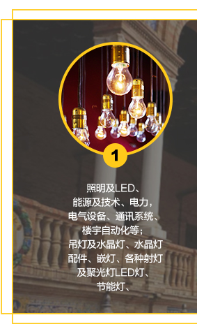 照(zhào)明(míng)及LED、能(néng)源及技(jì)術(shù)、電(diàn)力，電(diàn)氣設備、通(tōng)訊系統、樓宇自(zì)動化(huà)等；吊燈及水(shuǐ)晶燈、水(shuǐ)晶燈配件(jiàn)、嵌燈、各種射燈及聚光(guāng)燈LED燈、節能(néng)燈、